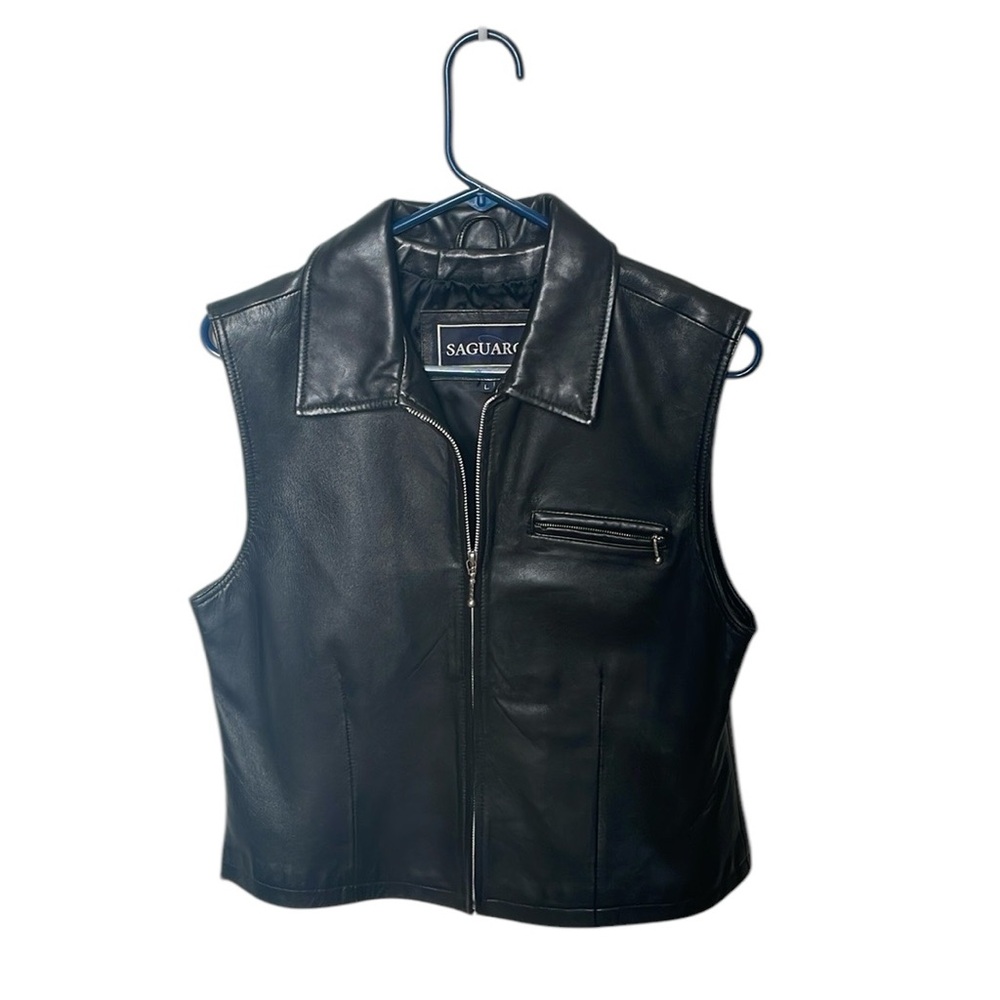 SAGUARO WOMENS BLACK GENUINE LEATHER COLARED VEST FRONT CHEST POCKET SIZE LARGE